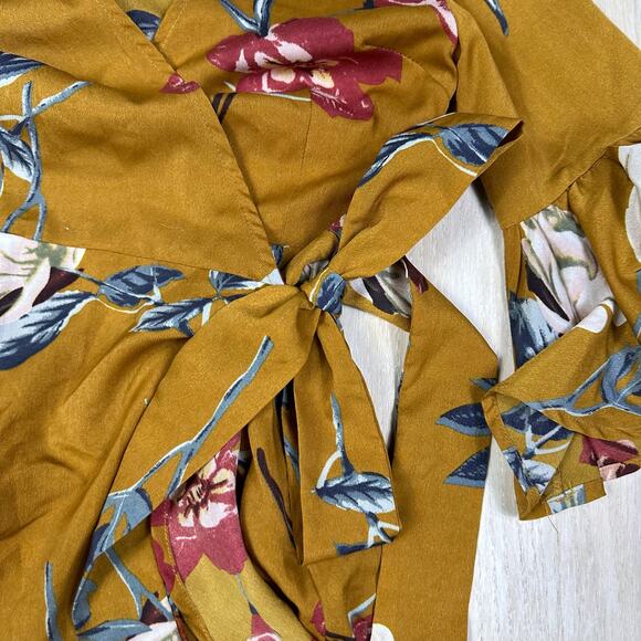 Lulu's Love & Light Mustard Yellow Floral Print Midi Romantic Faux Wrap Dress XS - Picture 6 of 16